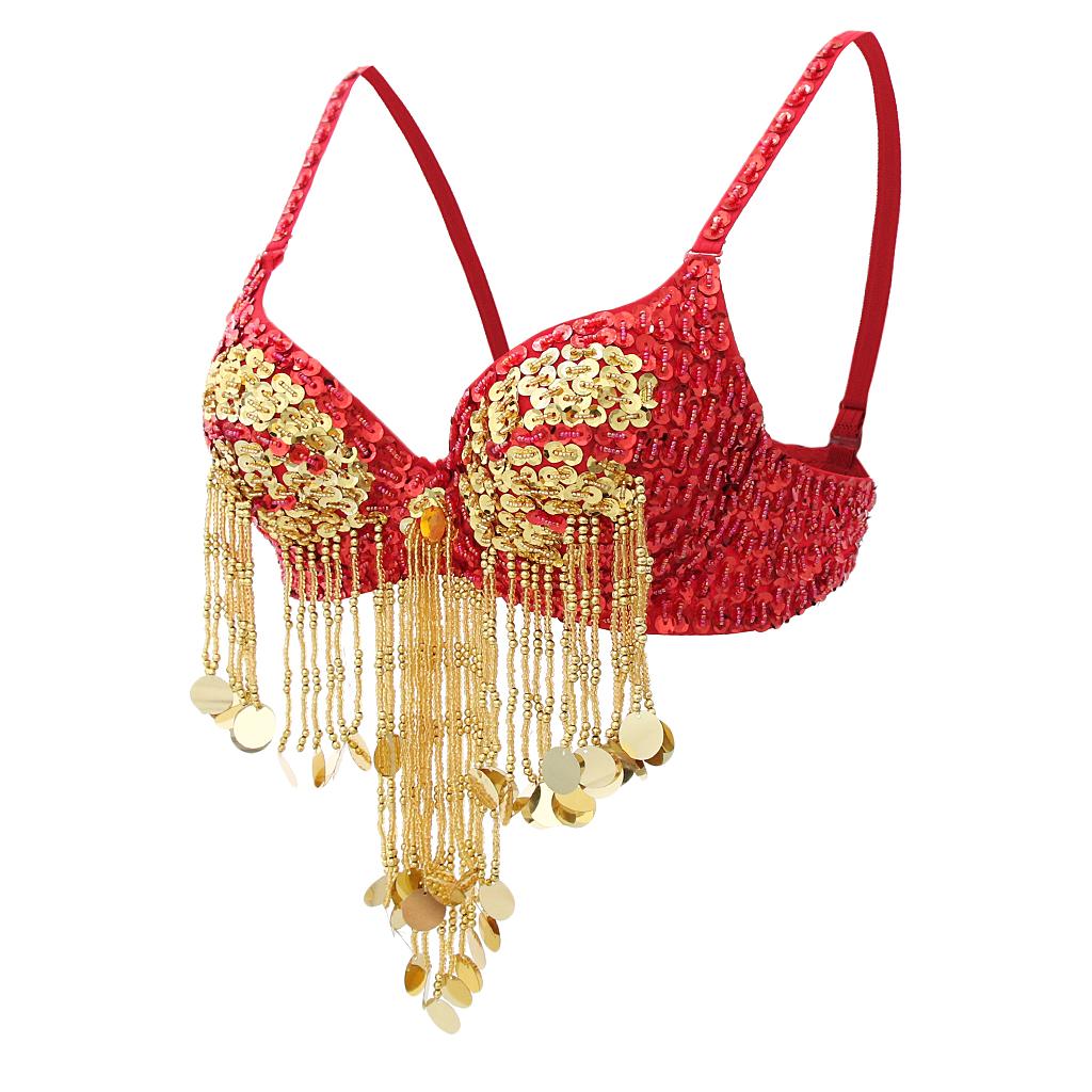 Womens Sparkling Sequins Tassels Bra Top Raves Belly Dance Holiday Indian Dancer Costume Club Wear