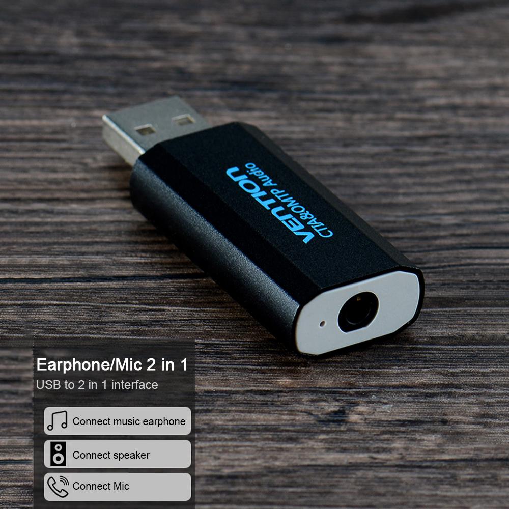 Hẻ âm thanh ngoài USB với Bộ điều hợp mic tai nghe stereo 3,5 mm Thay thế miễn phí trình điều khiển cho PC Máy tính xách tay PS4 Đen VENTION