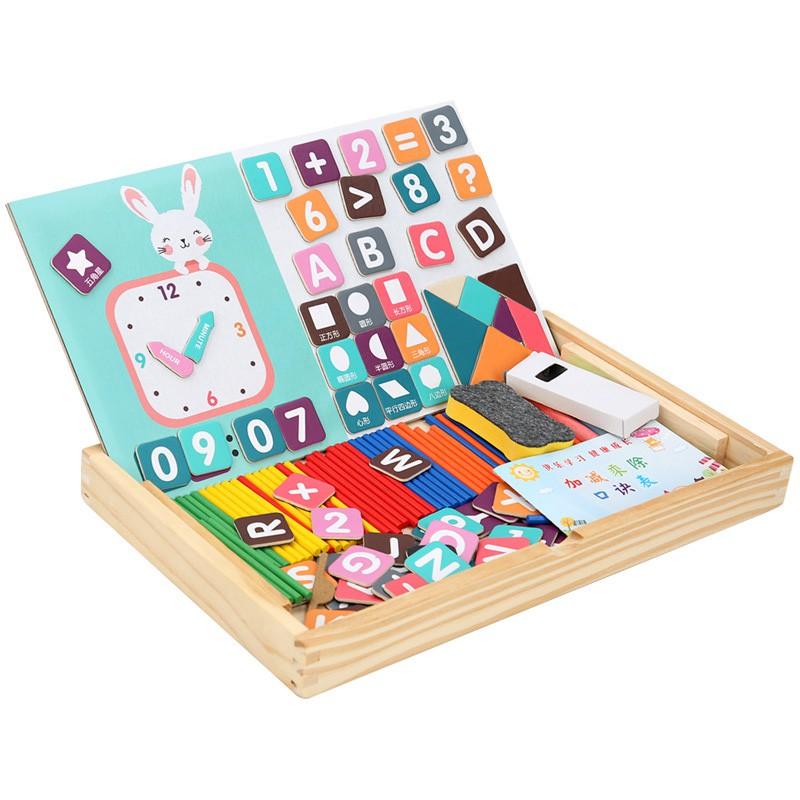 Đồ chơi gỗ toán học bộ bảng vẽ - số - que tính - hình ghép - đồng hồ bằng gỗ KB216008, Đồ chơi thông minh cho bé