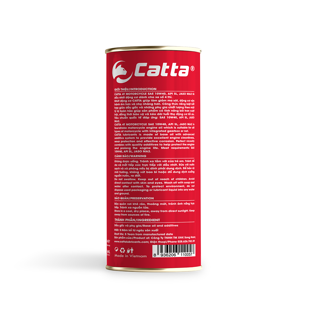 Nhớt tổng hợp toàn phần CATTA 4T MOTORCYCLE 1L - SAE 10W40, API SN, JASO MA2 - Hàng chính hãng