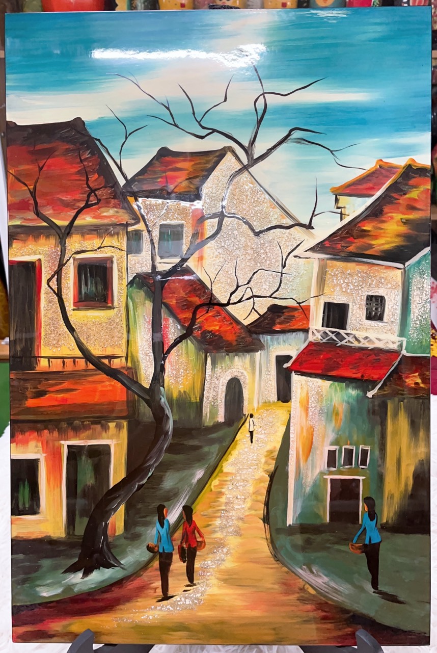 Tranh sơn mài phố cổ vẽ màu cẩn trứng đẹp Thanh Bình Lê, hàng xuất khẩu 40x60 cm