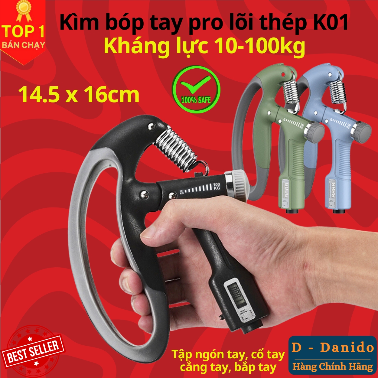 Kìm bóp tay, Kìm tập cơ tay dụng cụ tập gym tại nhà điều chỉnh lực 10-100kg có đếm số tự động D Danido