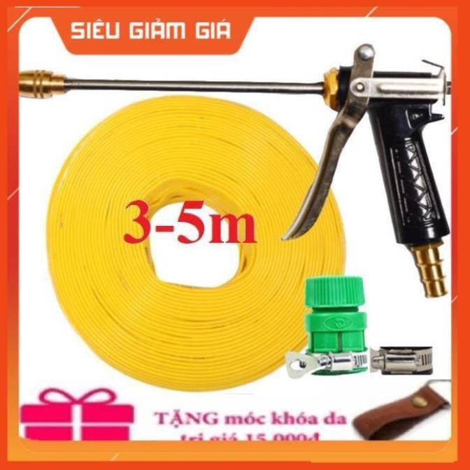 Bộ dây vòi xịt nước rửa xe,tưới cây .tăng áp 3 lần, loại 3m,5m 206318 đầu đồng,đai,nối nhựa vàng+ tặng móc khoá