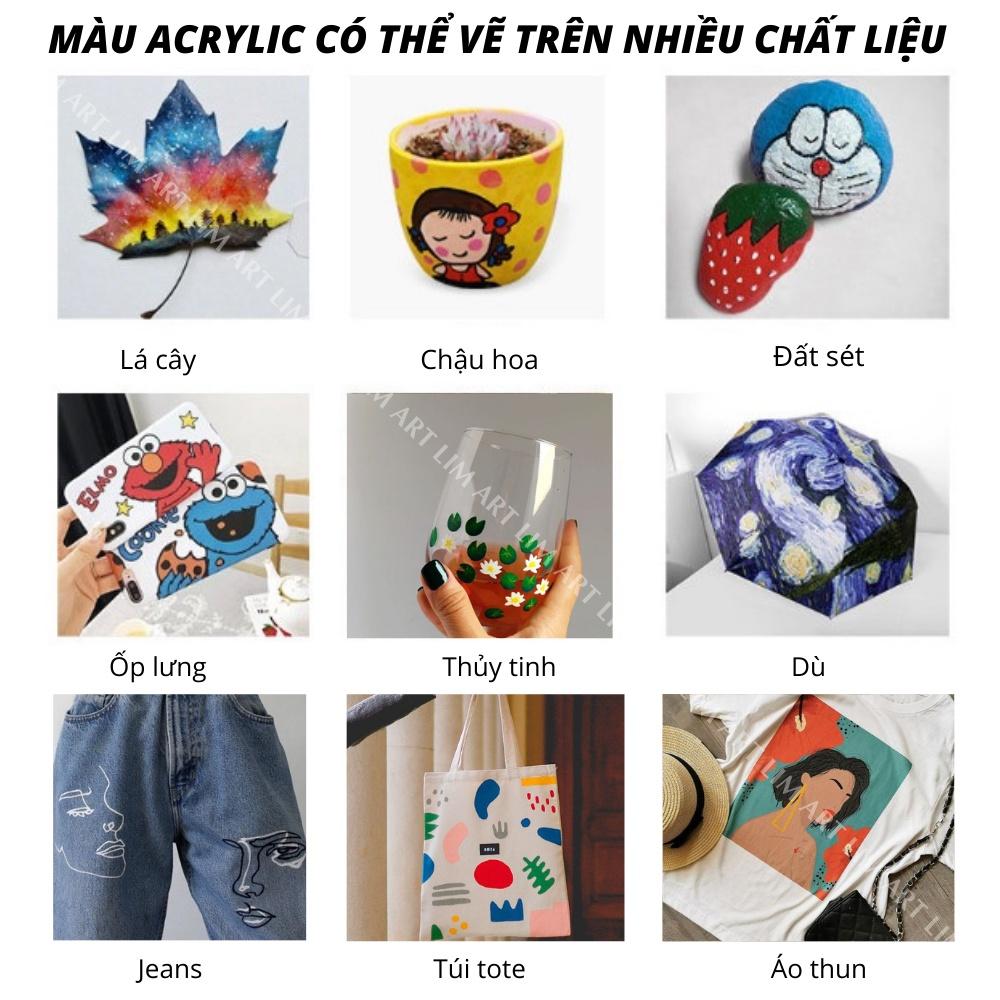 Bộ 8/12/18/24/36/48 màu acrylic 3ml tặng kèm cọ vẽ. Màu vẽ acrylic chuyên dụng vẽ tranh, quần áo, giày, vẽ đất sét