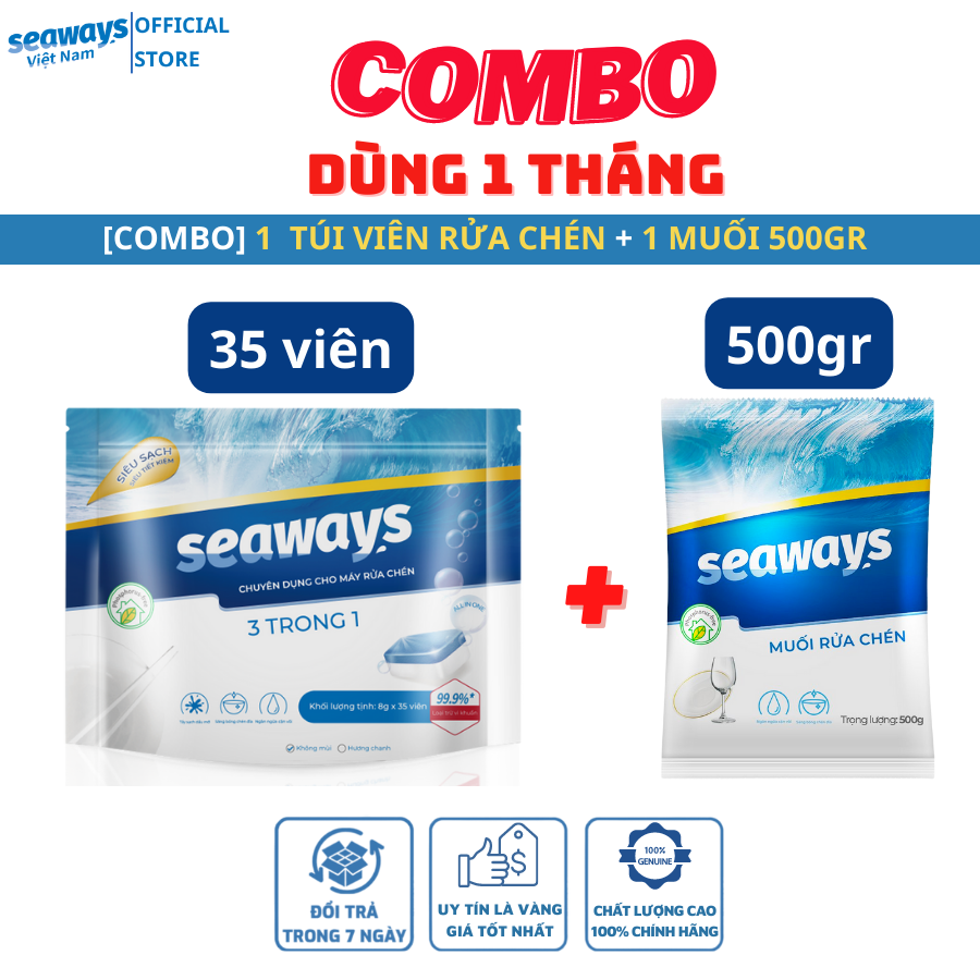 1 túi viên rửa chén Seaways + 1 túi muối 500gr- Dành cho mọi loại máy rửa chén bát
