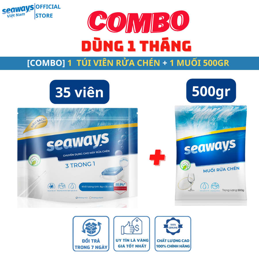 [COMBO DÙNG 1 THÁNG] 1 túi viên rửa chén Seaways (35 viên x 8gr) + 1 túi muối 500gr- Dành cho mọi loại máy rửa chén bát