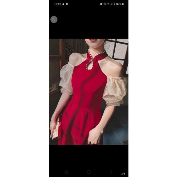 Váy đầm nữ dáng xòe trễ vai cổ tàu tay bồng kim sa kiểu dáng sang chảnh và thời thượng