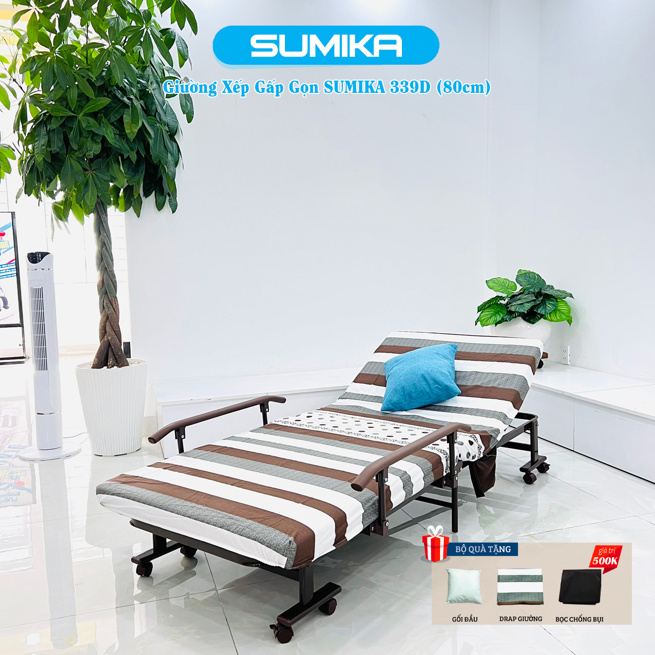 Giường xếp gọn cao cấp SUMIKA 339D, chiều rộng 80cm, khung thép, có bánh xe di chuyển
