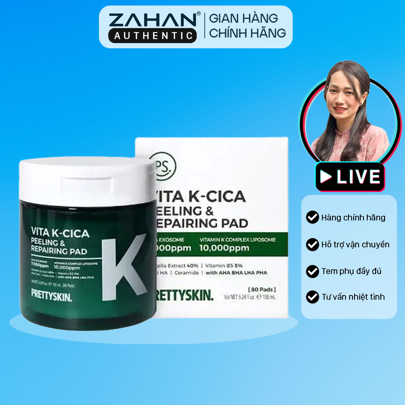 Toner Pad Vita K- Cica Peeling &amp; Repairing Pad Prettyskin (80 pad)