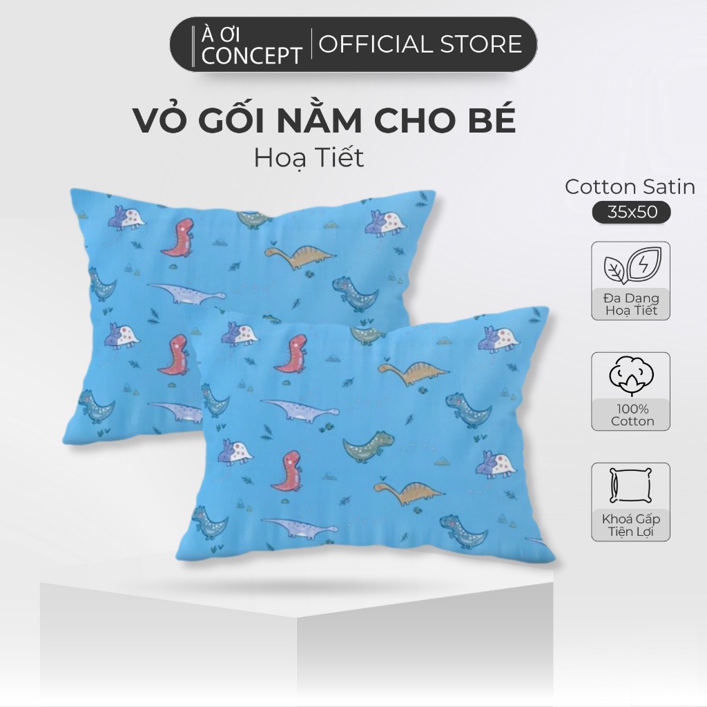 Vỏ Gối Cho Bé chất liệu Cotton Satin Hàn Quốc Cao Cấp À Ơi Concept Màu Trơn Size 35x50 cm Êm Dịu Hỗ Trợ Cổ - Dino &amp; Trucks(Green)