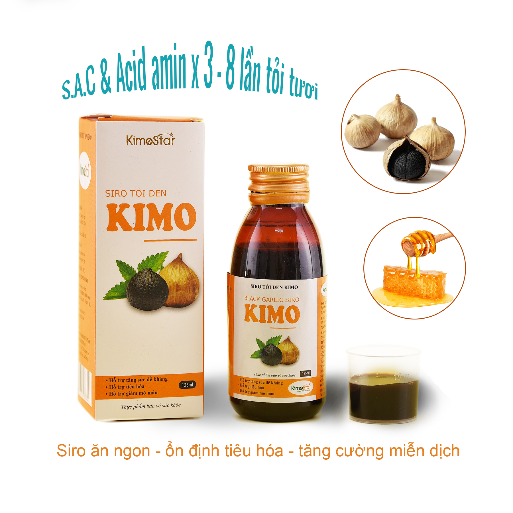 Siro tỏi đen mật ong cho bé biếng ăn, giúp ăn ngon, tiêu hóa tốt, tăng đề kháng Kimo 125ml