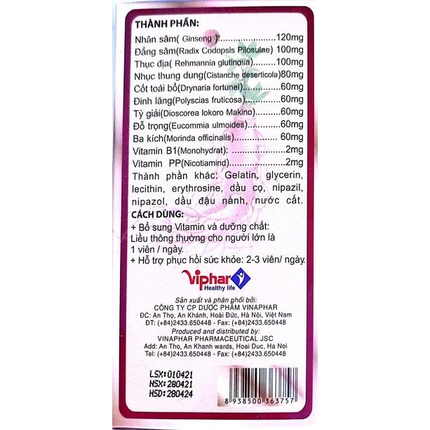 Bổ sung vitamin - nhân sâm giảm mệt mỏi - suy nhược cơ thể Homtamin Ginseng Viphar Hộp 60 viên - Hạn sử dụng 01/2026
