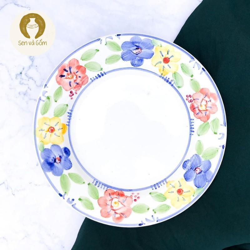 20cm dĩa tròn màu trắng có hoa xanh tím vàng cam gốm sứ Nhật SVG4629