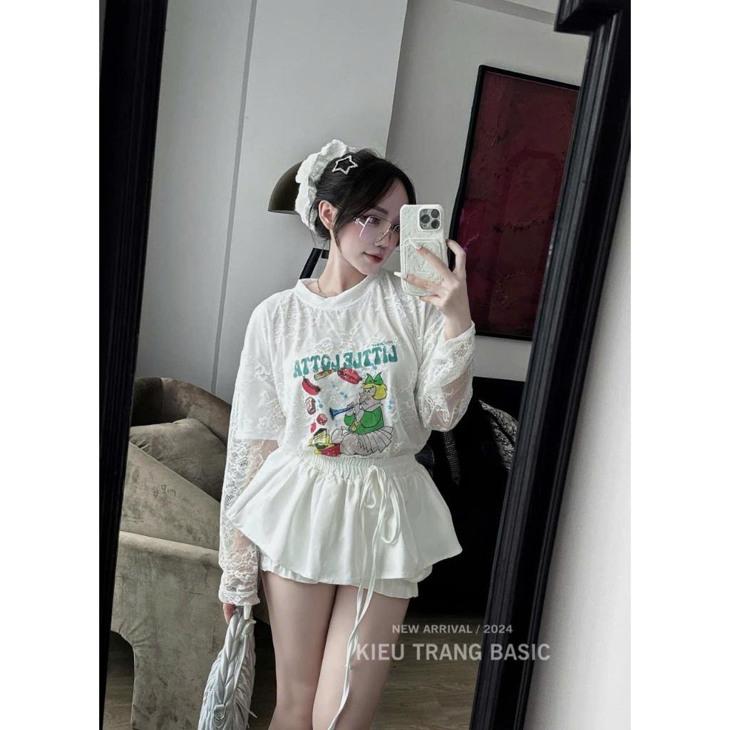 Set áo phông umi xốp pha lớp ren in hình cute phối quần chun giả váy 184 HH Bộ áo thun hoạ tiết mix quần đùi