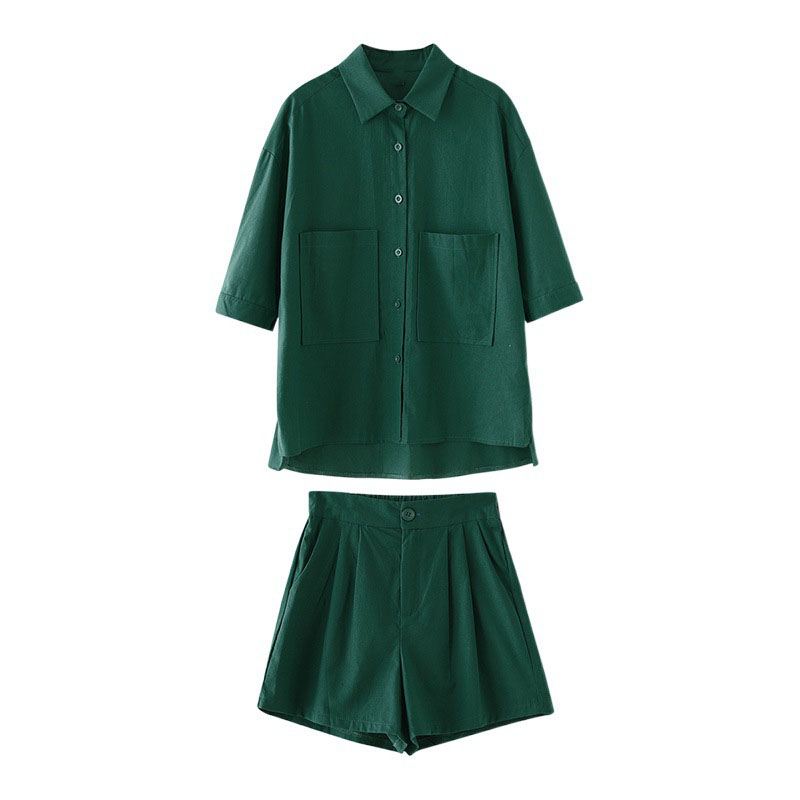 Bộ đồ cho nữ 2 chi tiết gồm áo sơ mi có túi và quần short dáng chữ A, set linen nữ hàn quốc