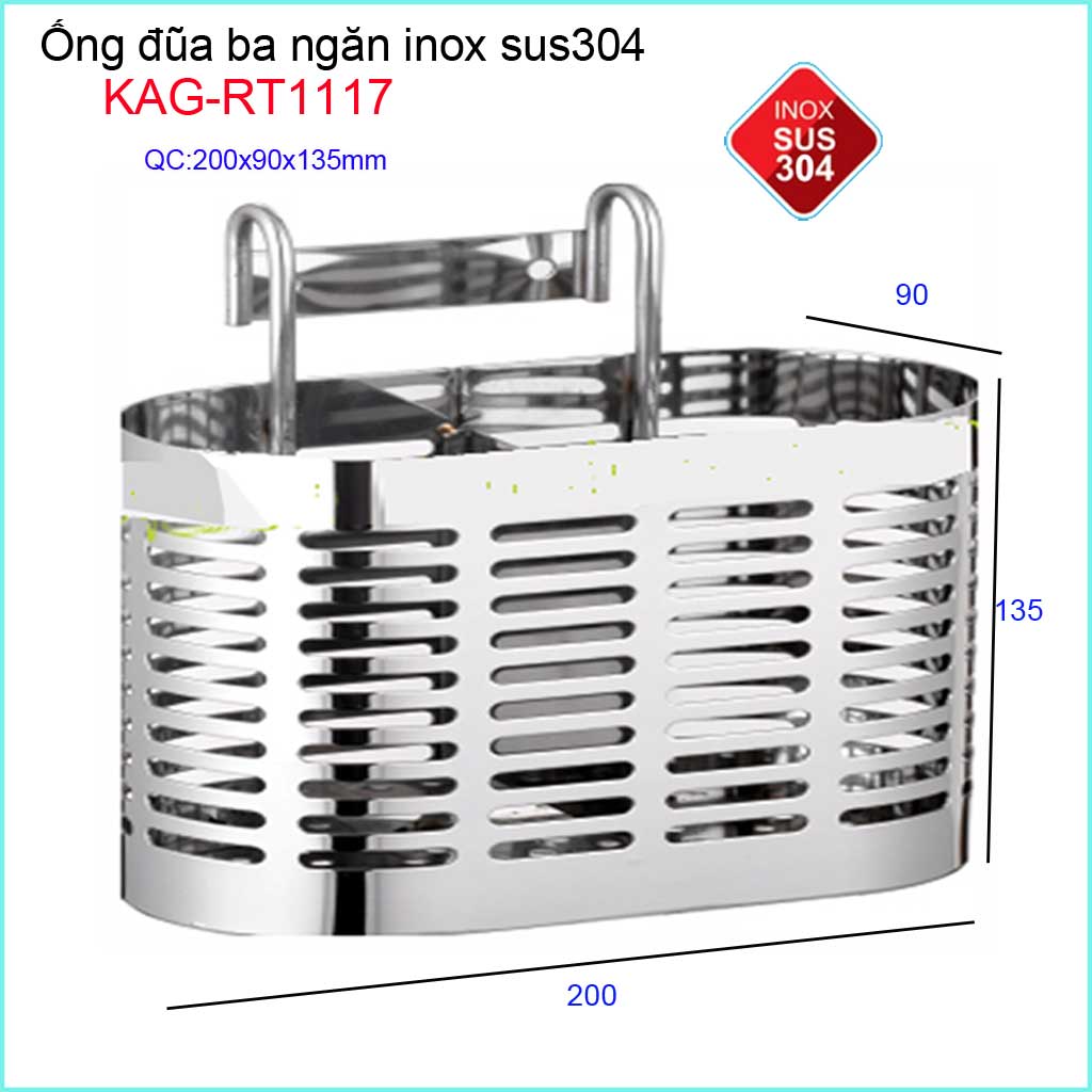 Ống  đựng đũa Inox 304, ống đũa nhà bếp 3 ngăn, ống đũa cao cấp nam dẹt KAG-304RT1117 inox bóng sang trọng