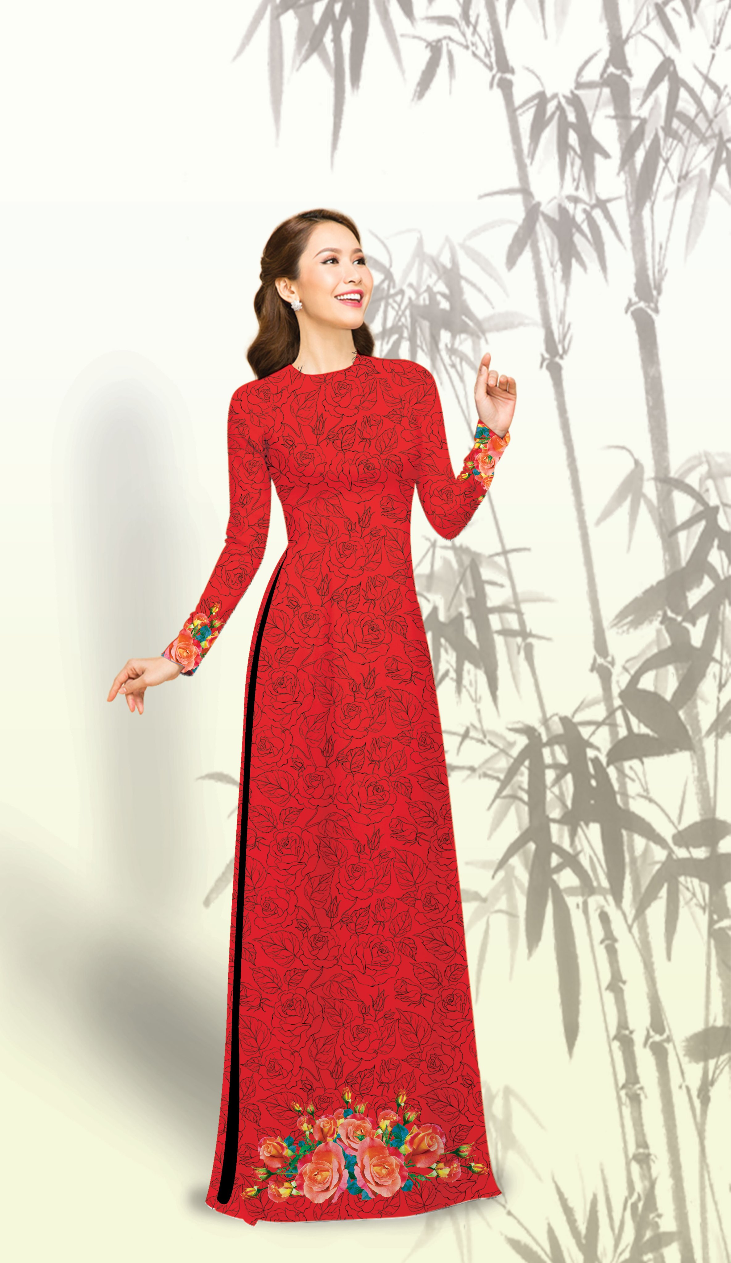 ÁO DÀI TRUYỀN THỐNG IN HOA HỒNG ĐEN CAO CẤP - KHÔNG KÈM QUẦN