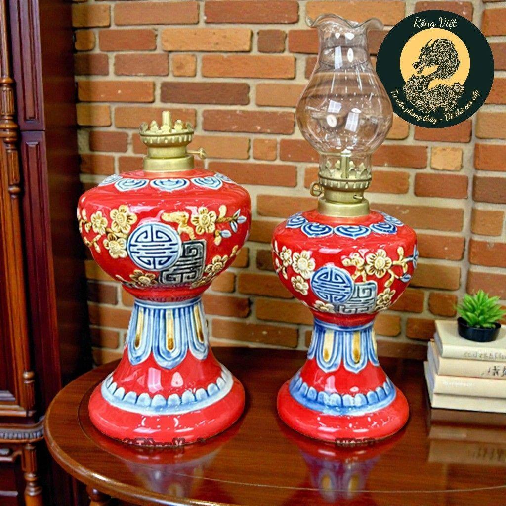 Đèn Dầu Đắp Nổi Bát Tràng Men Đỏ RỒNG VIỆT – Họa Tiết Sen & Đào Thọ Gốm Thủ Công bất tràng Cao Cấp