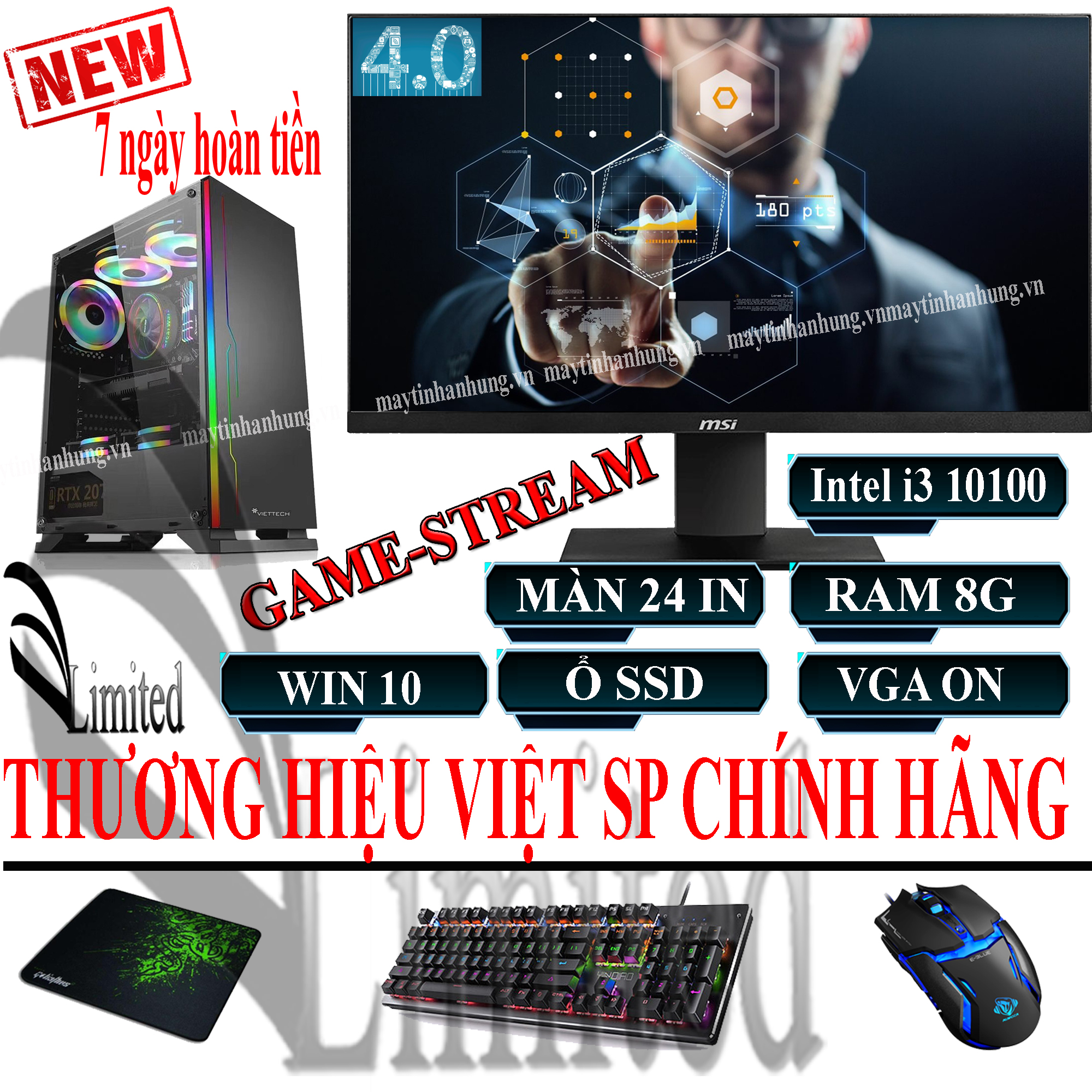 Bộ máy tính để bàn chơi Game VLimited đời cao i3 10100f/8G/ SSD/HDD/VGA/24inch sản phẩm trọn bộ - Hàng chính hãng