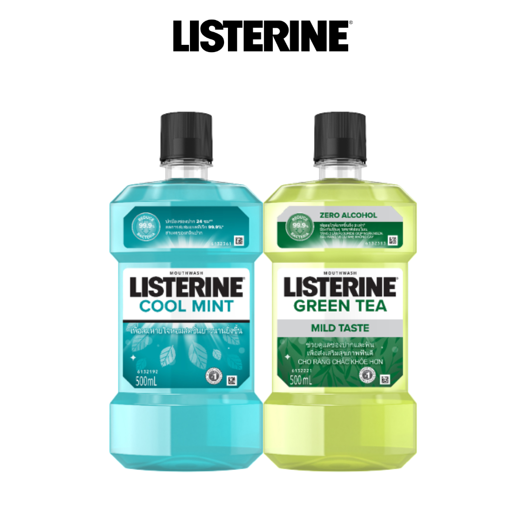 Combo NSM Giữ Hơi Thở Thơm Mát Listerine Coolmint 500ml + NSM Ngừa Sâu Răng Vị Trà Xanh Không Cay Listerine Natural Green Tea 500ml