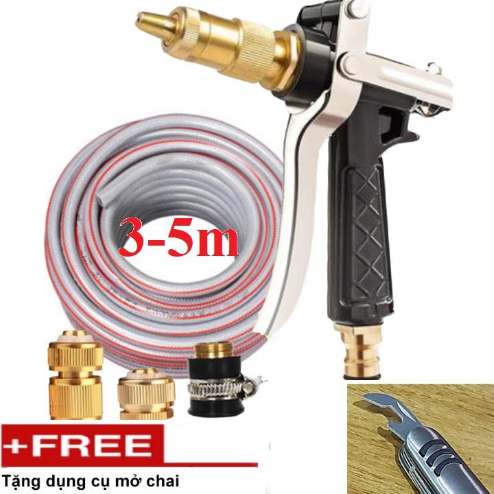 Bộ dây vòi xịt nước rửa xe, tưới cây .tăng áp 3 lần,loại 3m,5m 206236 đầu đồng,cút đồng,nối đồng+ tặng mở chai