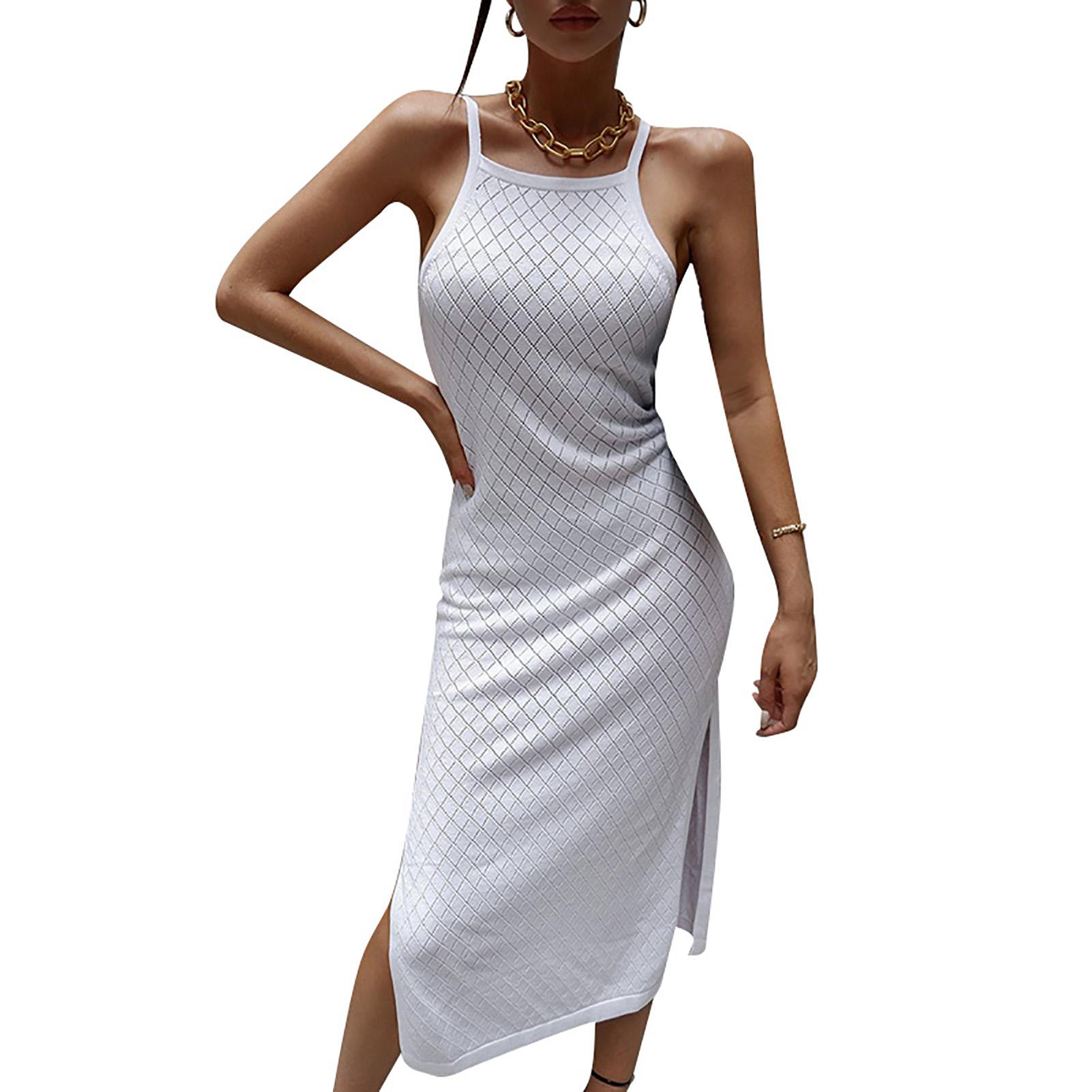 Sexy Women Solid Color Dress Strap Sleeveless High Waist Split Hem Party Nightclub Dress