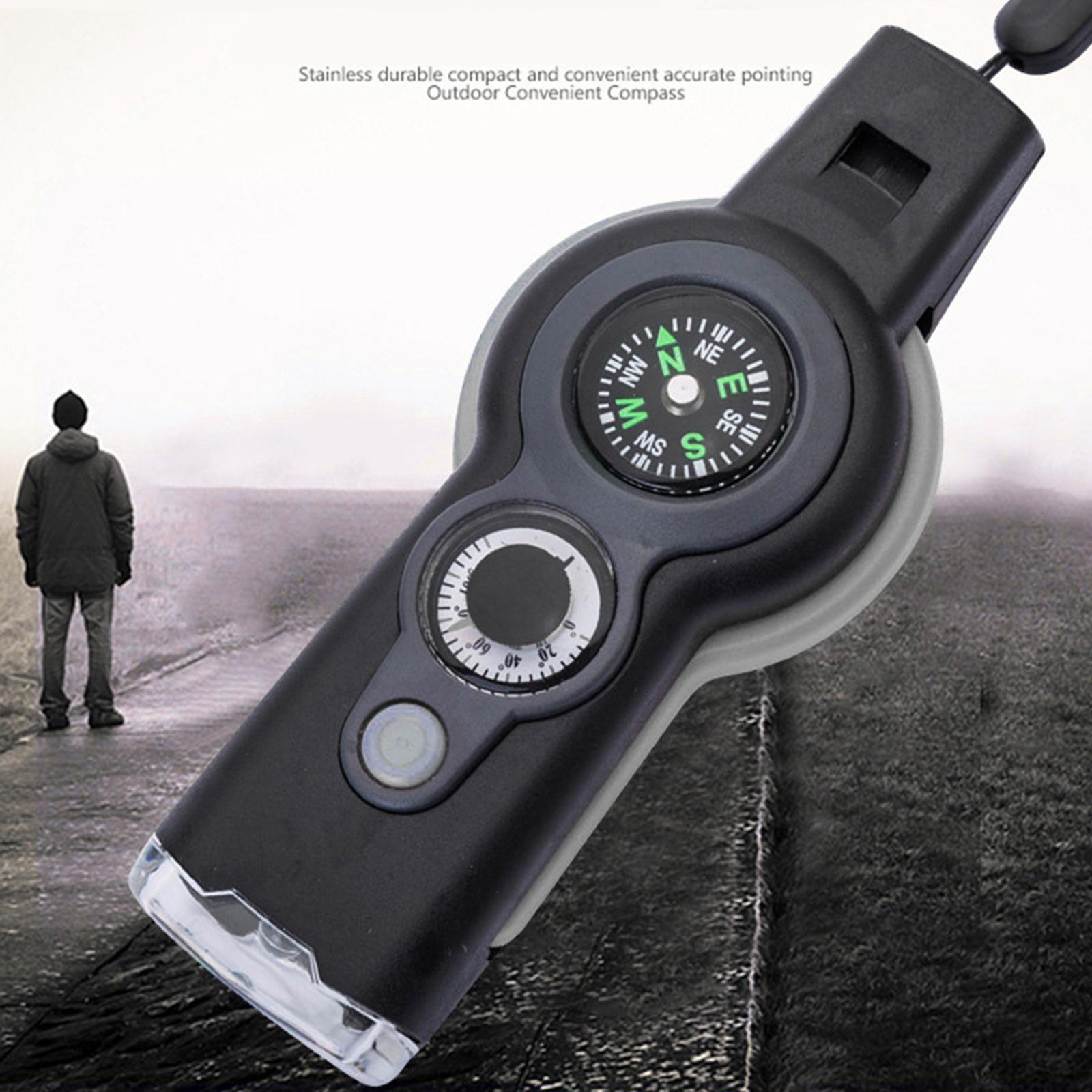 Emergency Whistle,7-in-1 Tool, Survival Flashlight Mirror with Storage,Hiking Compass,Camping Thermometer,Magnifier Mirror for Survival Compass