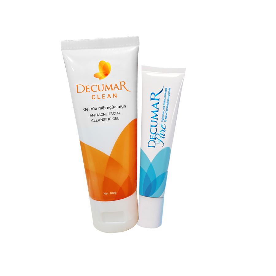 Bộ Chăm Sóc Da Mụn 2 Sản Phẩm: Gel Rửa Mặt Ngừa Mụn Decumar Clean và Gel Nghệ Ngừa Mụn Trong Suốt Từ Nano Tetrahydrocurcumin (Nano THC)