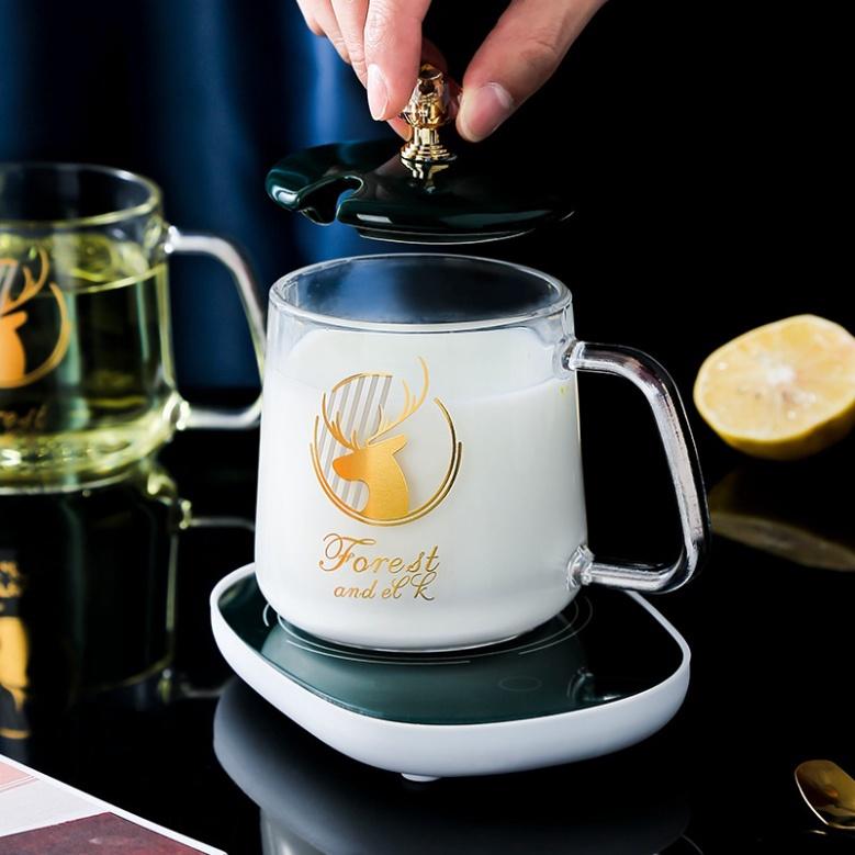Bộ Cốc Hâm Nóng Giữ Nhiệt Ly Thủy Tinh Kèm Đế Điện Hâm Nóng Cafe , Sữa , Trà Đồ Uống - Tặng Thìa Mạ Vàng