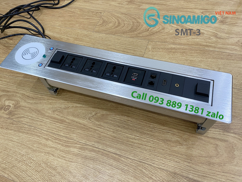 Hộp điện âm bàn họp, bàn văn phòng Sinoamigo SMT-3, xoay 180 độ, tích hợp sạc không dây