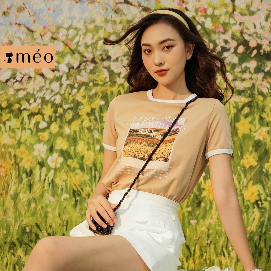 Áo thun tay lỡ Méo shop phông nữ cổ tròn cotton in hình Chillout form rộng có size