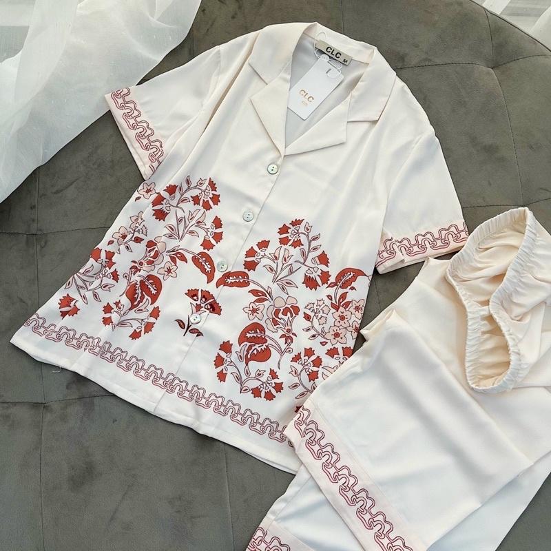 PIJAMA CỘC DÀI HOẠ TIẾT HOA LÁ QUẢNG CHÂU CAO CẤP