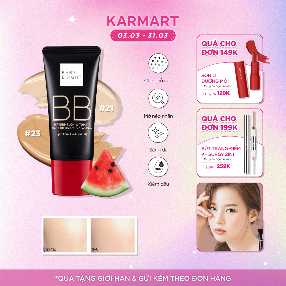 Kem nền dưa hấu và cà chua Baby Bright Watermelon &amp; Tomato Matte BB Cream SPF45 PA++ 30g