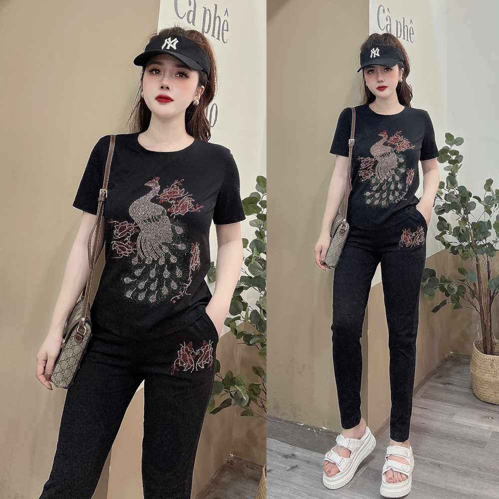 Đồ bộ thun cotton dài đính đá hình chim công siêu sang