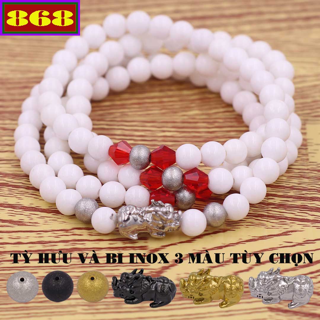 Vòng chuỗi 108 hạt đá San hô trắng charm tỳ hưu inox - Chuỗi hạt 6 ly, 8 ly - Vòng chuỗi niệm Phật Bình an, may mắn - Hợp mệnh Kim, Thủy