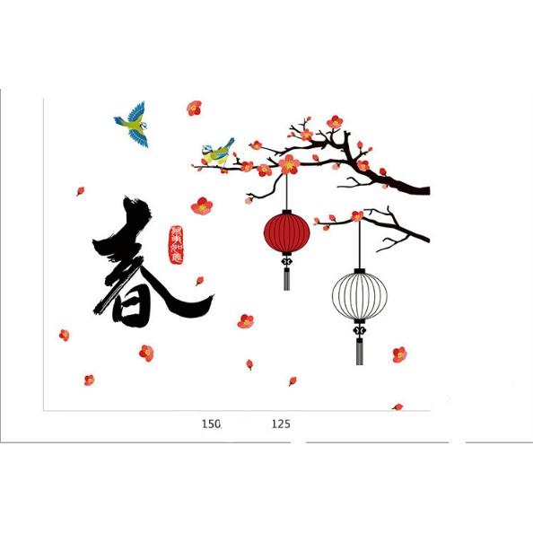 Decal trang trí tết - Cành anh đào đỏ hồng lồng đèn trắng đen kèm chữ
