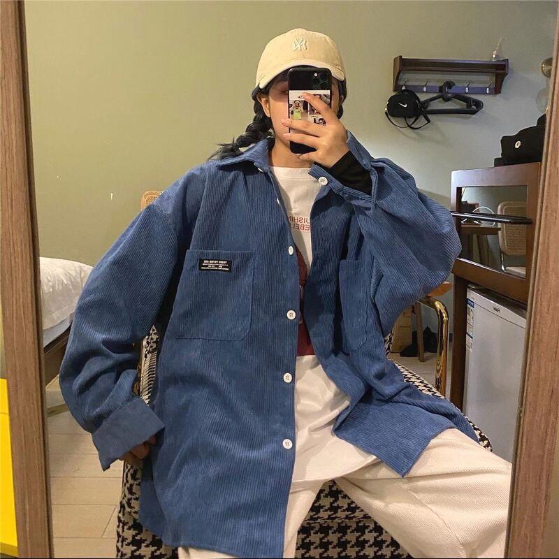 Áo sơ mi nhung cổ bẻ fom thụng