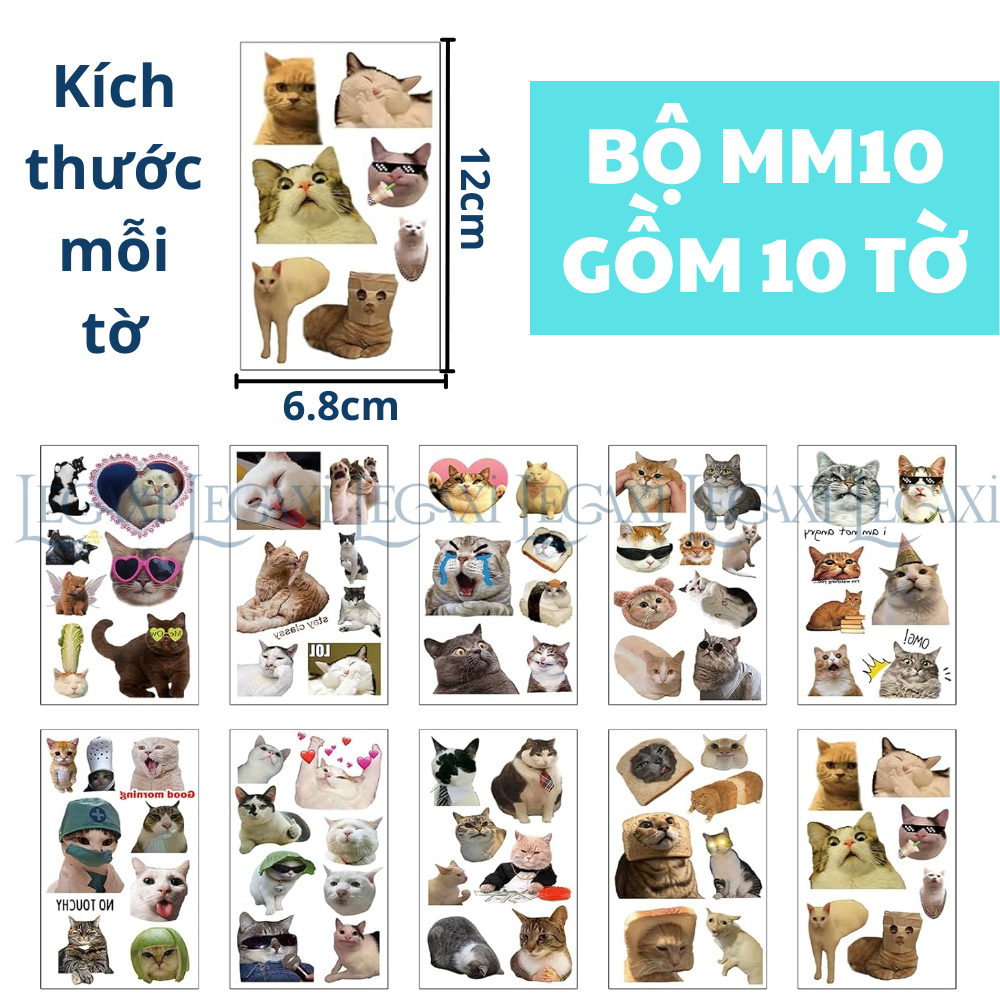 Set 10 Tờ Hình Xăn Dán Mèo Ngộ Nghĩnh Tattoo Sticker Mèo Meme Vô Tri Dễ Thương Hài Hước Cute Cho Bé