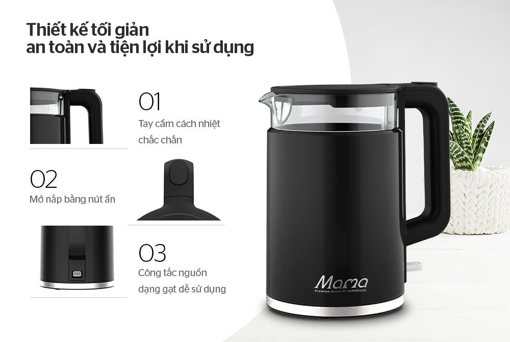 Ấm Siêu Tốc Thủy Tinh Cao Cấp Sunhouse SHD1330 1.7 Lít - Bảo Hành 24 Tháng Toàn Quốc