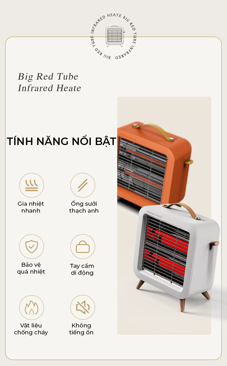 Máy sưởi phòng hồng ngoại 550W sưởi ấm cực nhanh, nhỏ gọn, sưởi ống thạch anh, an toàn chống cháy-Hàng nhập khẩu