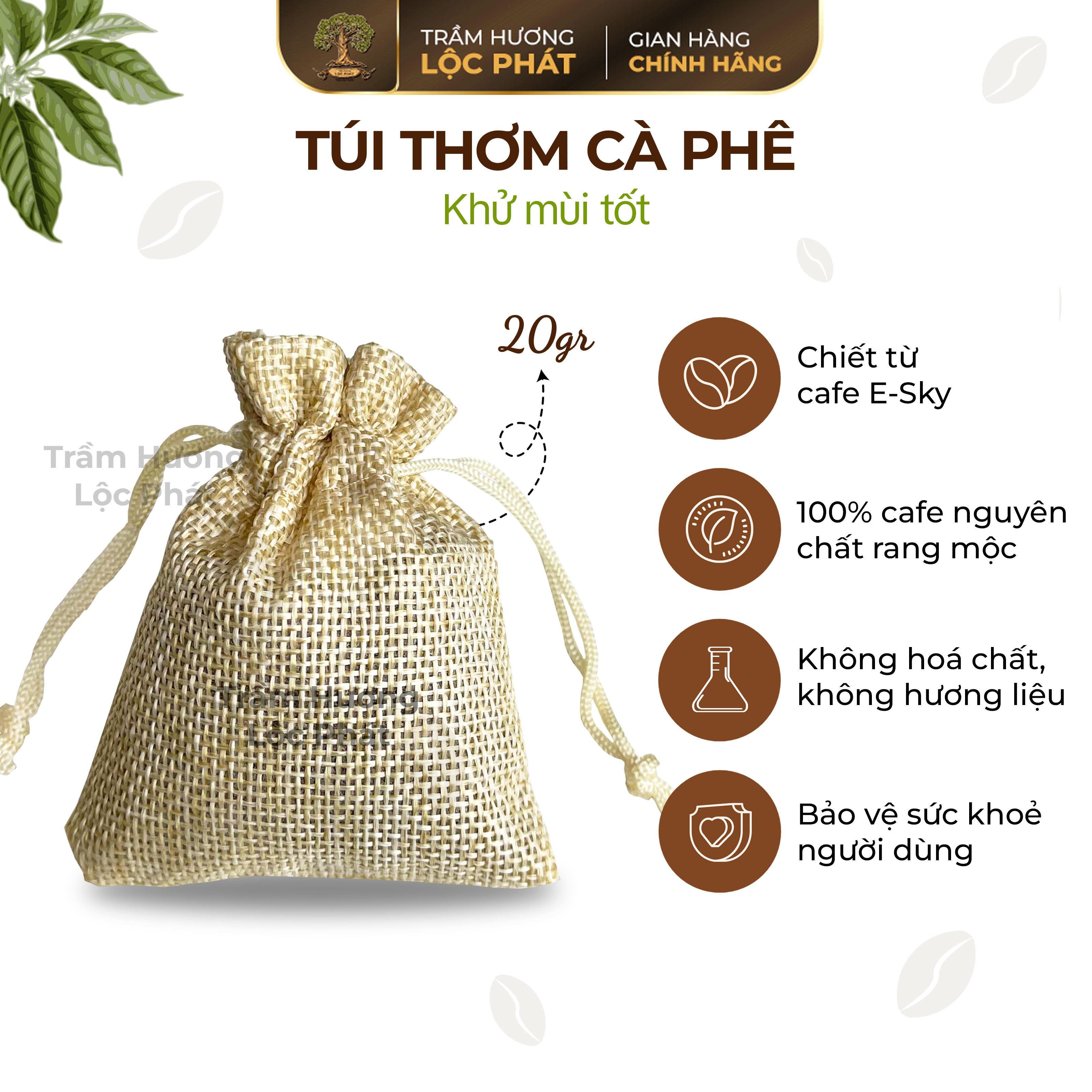 Túi Thơm Cà Phê E-SKY Coffee Khử MùI Ô Tô, Tủ Lạnh, Tủ Quần Áo, Văn Phòng, Nhà Ở Bằng Túi Vải Bố Lanh 20gr