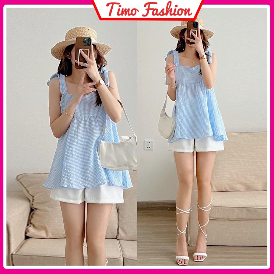 Set đồ nữ babydoll, set áo 2 dây thắt nơ vai kẻ caro xanh xốp kèm quần short style Hàn Quốc kiểu vintage ulzzang BO004