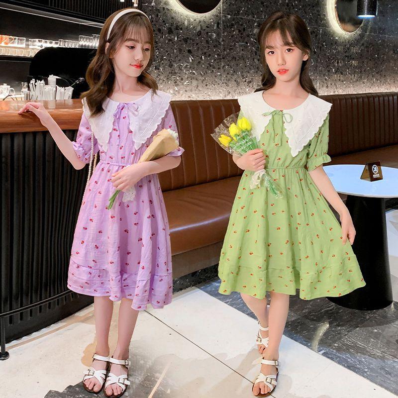 DONGSHOP HOT Cô gái ăn mặc 2023 mùa hè ăn mặc cô gái váy công chúa Mid-Boy Cherry hoa đầm đầm đầm đầm mùa hè cho trẻ em