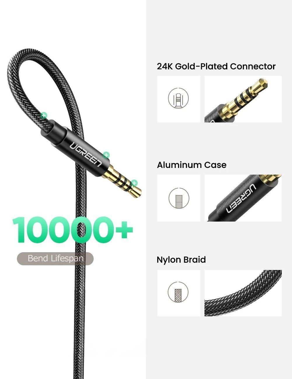 Ugreen UG60846AV118TK 1M màu đen 3.5mm 3 ngấn nối dài Cáp âm thanh dây bện nylon 50cm hỗ trợ micro - HÀNG CHÍNH HÃNG