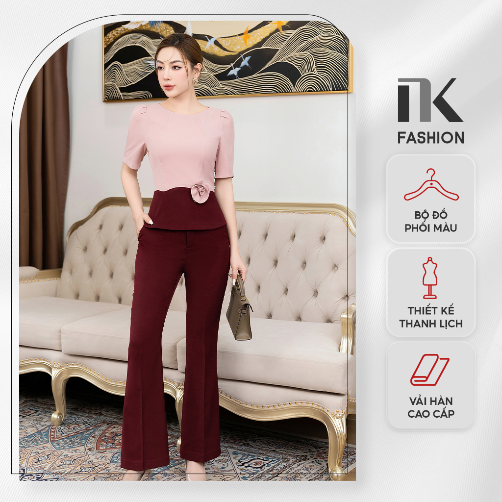 Bộ Đồ Phối Màu Đính Hoa Eo NK FASHION Thiết Kế Thanh Lịch Tôn Dáng Chất Vải Nhập Hàn Dày Dặn Đứng Phom NKBD2302001