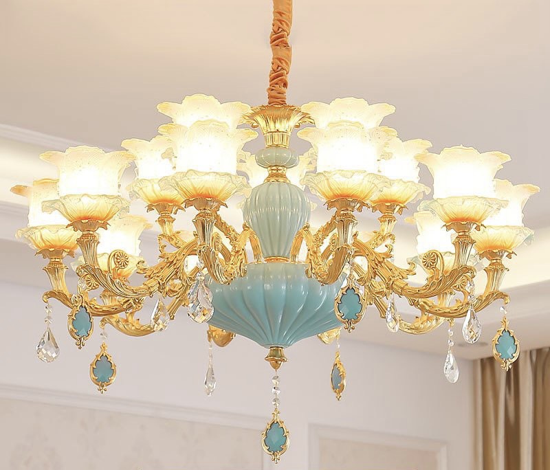 Đèn chùm Châu Âu, Đèn trang trí Thân gốm sang trọng, Khung mạ vàng Cao Cấp, TẶNG BÓNG LED ĐỔI MÀU, Mã 8015