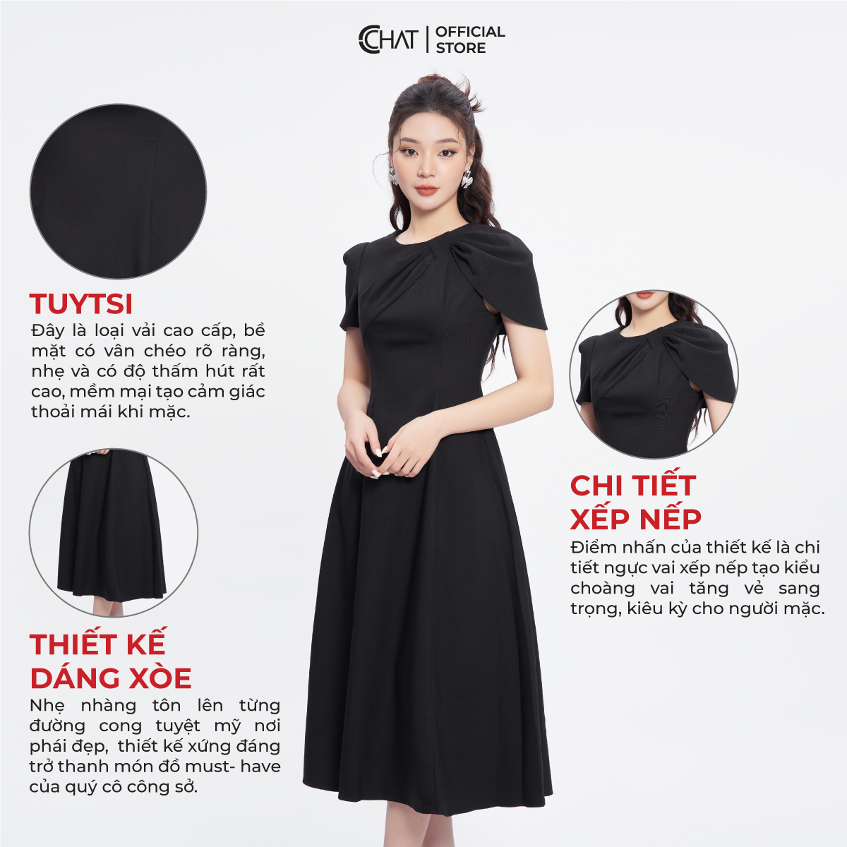 Đầm Nữ Dáng Xòe Nhún Ngực Vai Chất Tuytsi Cao Cấp Mềm Mịn 53VNS2007XT