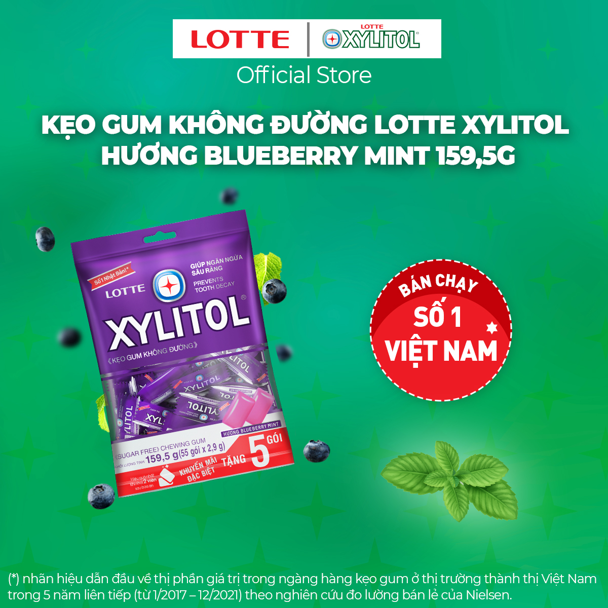 Kẹo Gum không đường Lotte Xylitol - Hương Blueberry Mint 159,5 g
