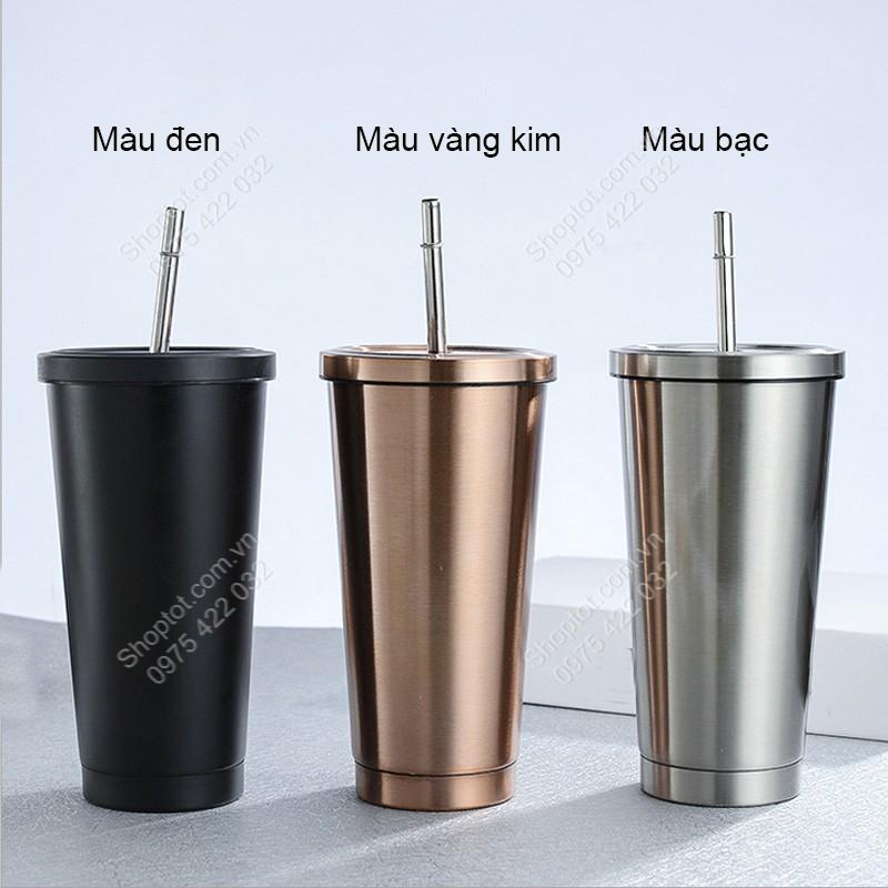 CỐC 2 LỚP INOX 304 CR500, CHỐNG NÓNG, CÓ NẮP VÀ ỐNG HÚT, CỠ LỚN 500ML, DÙNG ĐƯỢC TRÊN XE HƠI