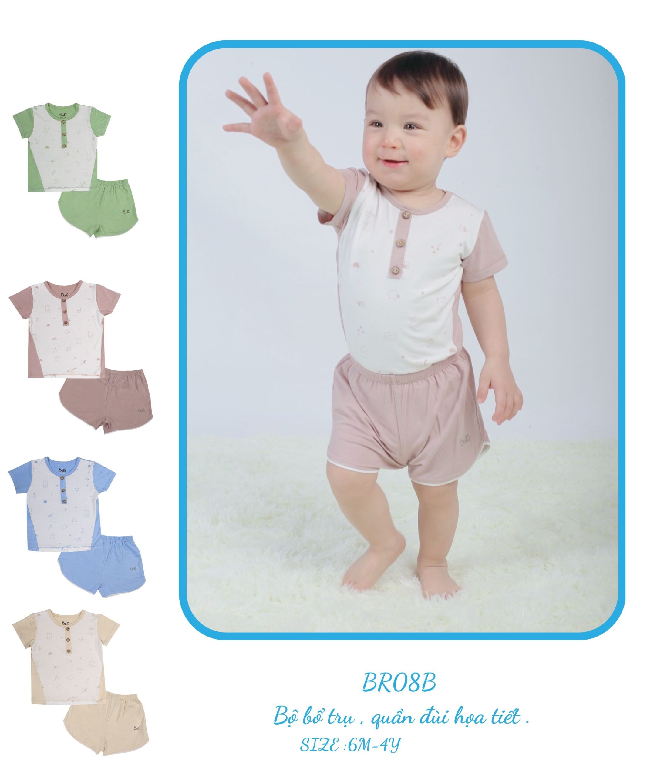 Bộ cộc tay cổ trụ BARU ,chất liệu cotton mềm mại cho bé trai bé gái quần áo trẻ em ( 6M -4Y )